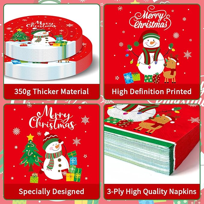 150 Pcs Merry Christmas Plates and Napkins Set - Xmas Paper Plates and Napkins, Snowman Dinner Dessert Plate Napkin Tableware Kit for Winter Christmas Party Supplies Table Decorations, Serve 50