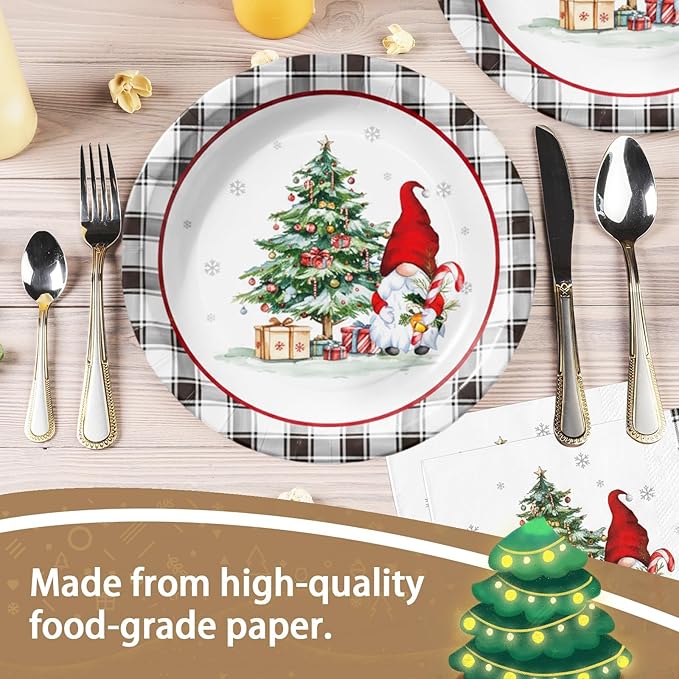 150Pcs Christmas Paper Plates and Napkins Heavy Duty Dinnerware Set Serve 50, Buffalo Plaid Christmas Tree Dinner Plates Disposable Party set, Dwarf Tableware for Holiday Xmas Home Party Supplies