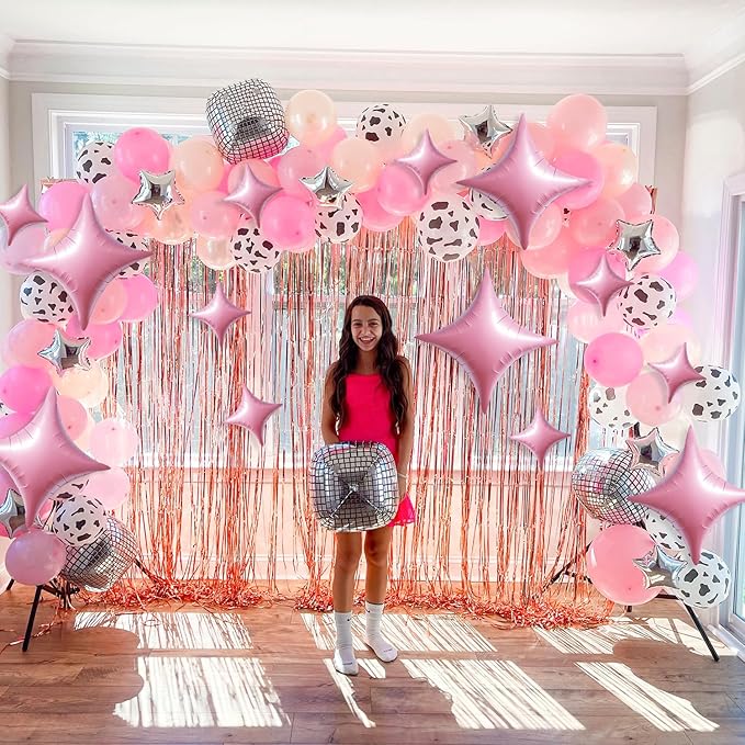 TONIFUL 30Pcs 26In&10In Star Balloons Large Pink Four Pointed Star Shape Foil Balloons Mini Star Mylar Balloons for Birthday Wedding Baby Shower Anniversary Engagement Party Decorations Supplies