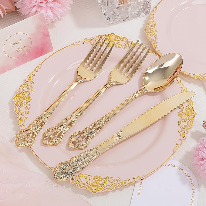 Ciaell 300PCS Pink and Gold Plastic Plates - Pink Disposable Dinnerware Sets for 50 Guests - 100 Plates, 50 Knives, 50 Forks, 50 Spoons, and 50 Napkins for Wedding, Anniversary and Party