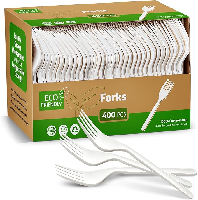 100% Compostable PLA Forks Bulk Pack 400 Pcs Biodegradable Disposable Plastic Cutlery Utensils