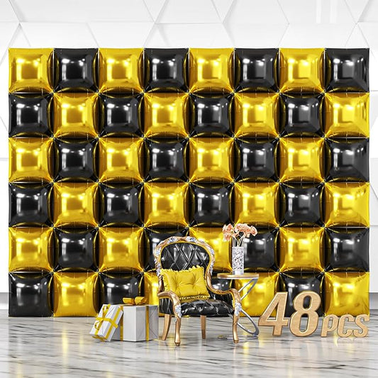 NISOCY 48PCS Black Gold Square Foil Balloons Wall Backdrop Double Sided Metallic Black Gold Balloon Arch Kit for New Years Graduation Anniversary Birthday Engagement Baby Shower Party Decorations