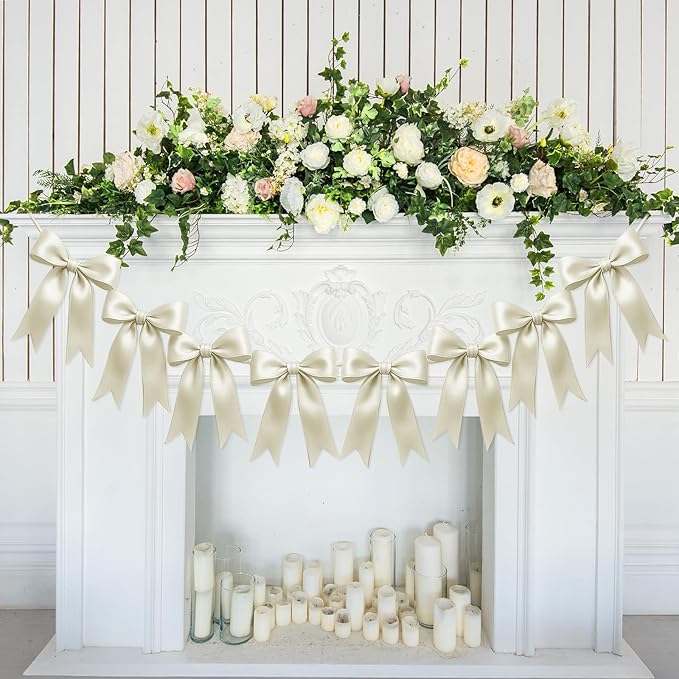 1 String of 8PCS Ivory White Bow Garland Banner Decoration,Pre-Strung Satin Ribbon Ornaments for Birthday,Bachelorette Party,Bridal Shower,Wedding,Engagement,Baby Shower,Graduation Decor,Anniversary