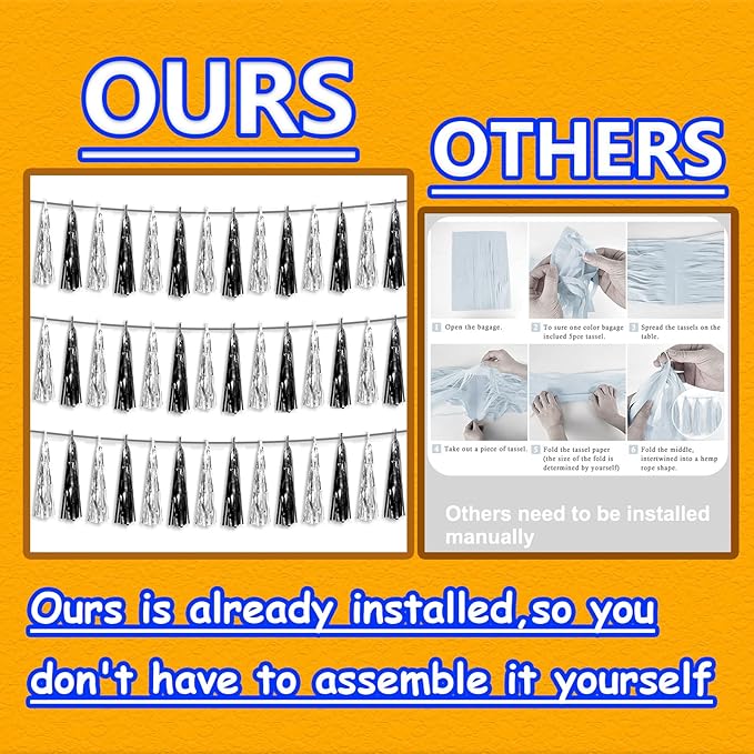 3P Black Silver Foil Fringe Metallic Tassel Streamers Banner Tassel Garland for Parade Floats, Graduation, Wedding, Birthday, Halloween, Christmas, Bridal/Baby Shower Party Decorations