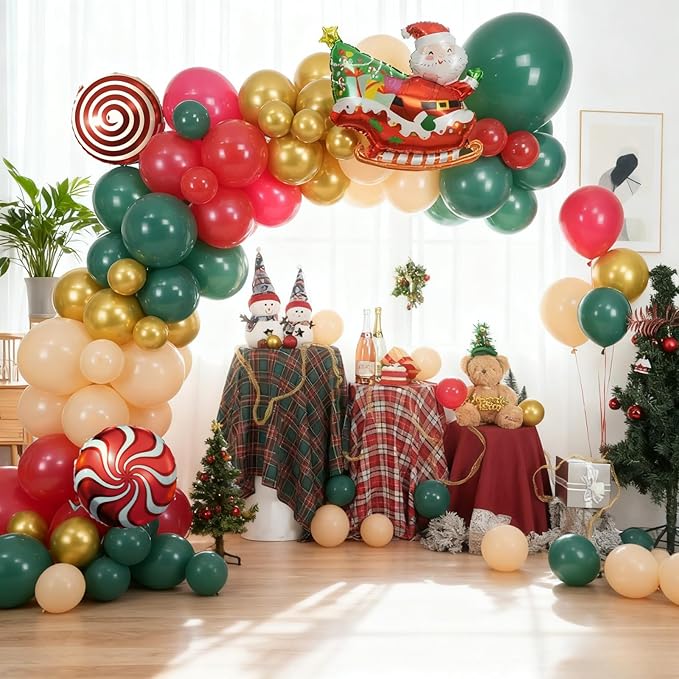 Christmas Balloon Arch Kit, Red Green Nude Metallic Gold Balloons with Santa Candy Lollipop Foil Balloons for Christmas Party Decorations Xmas Eve New Year Holiday Party Supplies