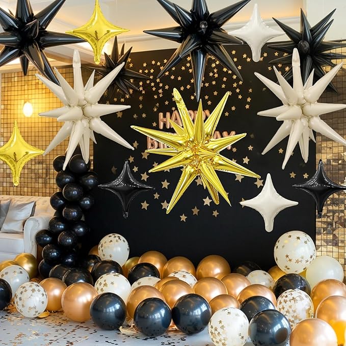 Black White Gold Star Balloon,Sand White Gold 6Pcs 22Inch Explosion Star Balloons and 10Pcs 10Inch Four Angle Balloons Kit for Birthday Anniversary Baby Shower Wedding Party Decorations