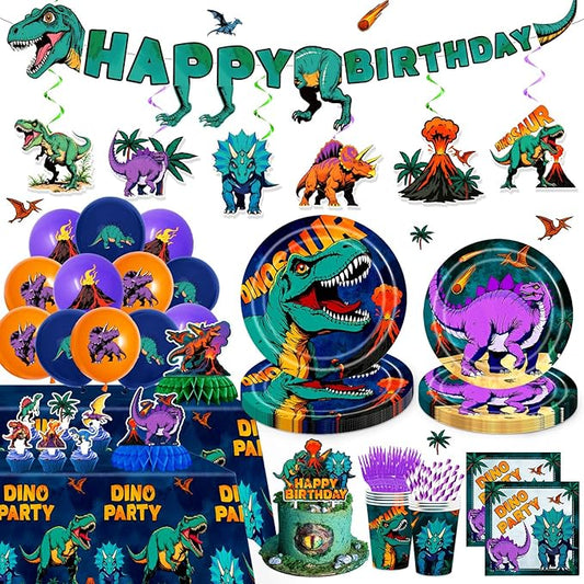 185PCS Dinosaur Birthday Party Decorations, Dinosaur Party Supplies Plates and Napkins Set, Dino Tableware, Banner, Hanging Swirls, Tablecloth, Cake Cupcake Topper, Ballons Cutlery Sets