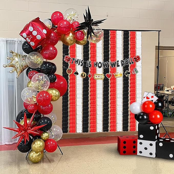 12Pcs Black White Red Party Decorations, Hanging Black White and Red Paper Streamers Garland for Graduation Birthday Baby Shower Wedding Casino Night Christmas New Years Eve Party Backdrop Décor