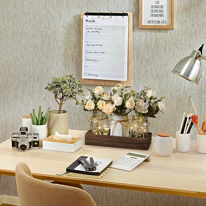 3 Pcs Mason Jar Centerpiece Table Decorations for Dining Table Decor Farmhouse Coffee Table Decor with Wood Tray and Led Light Table Centerpieces for Dining room Kitchen Living Bathroom,White