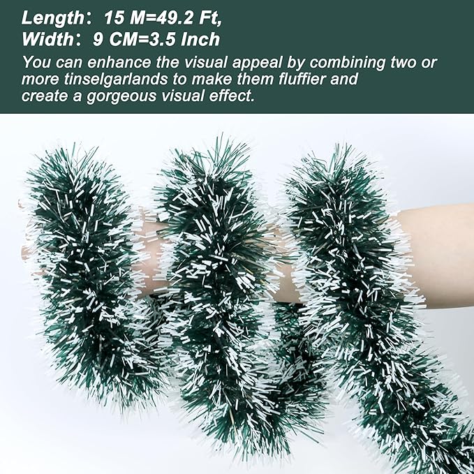 50 Feet Green Christmas Tinsel Garland Metallic Twist Shiny Hanging Garland for Christmas Tree Decorations Xmas Holiday Decor for Home Indoor Outdoor Party Supplies - Green