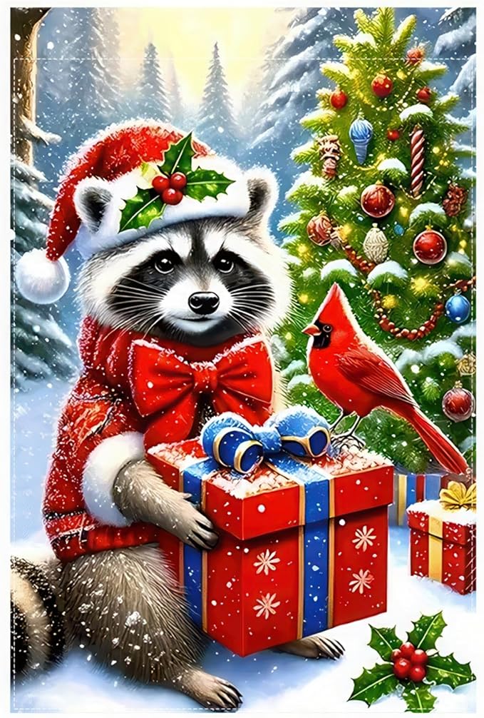 Christmas Garden Flag Double Sided 12x18 Flag Winter Raccoon Flag Cute Raccoon In Santa Hat Cardinal Bird And Festive Gift Boxes Charming Holiday Outdoor Decorations Great For Home Banner