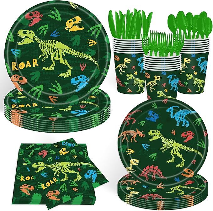 140pcs Dinosaur Birthday Party Supplies, Disposable Tableware Set with Plates, Cups, Napkins, and Cutlery Sets for Dinosaur Themes Party Serves 20