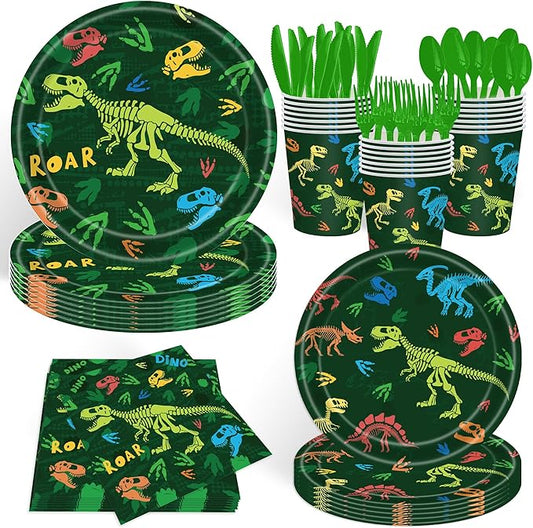 140pcs Dinosaur Birthday Party Supplies, Disposable Tableware Set with Plates, Cups, Napkins, and Cutlery Sets for Dinosaur Themes Party Serves 20