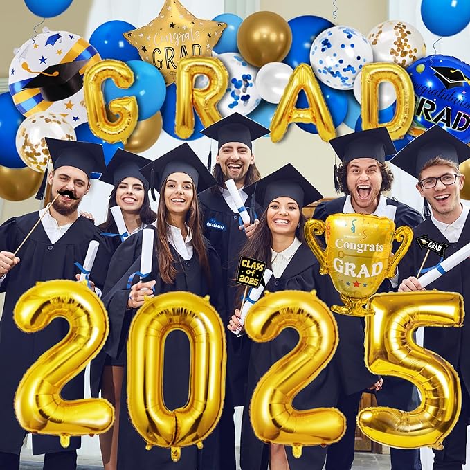 125 PCS Blue and Gold Graduation Party Decorations, 2025 Graduation Decorations, Class of 2025 Full Decor Set, Comgrats Grad Photo Banners, Tablecloth, Balloons, Cake Toppers