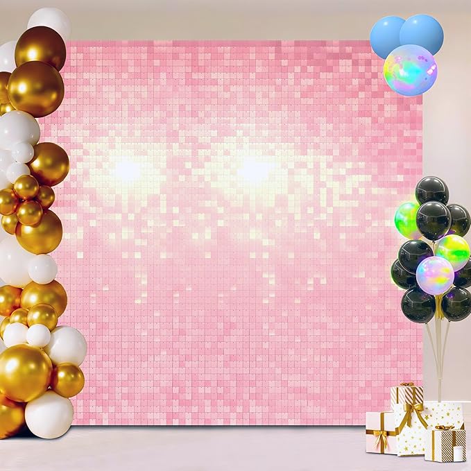 Shimmer Wall Backdrop, Sequins Backdrop Decoration, Photo Backdrops for Birthday, Anniversary, Wedding, Party Decoration (24PCS Rainbow Pink)