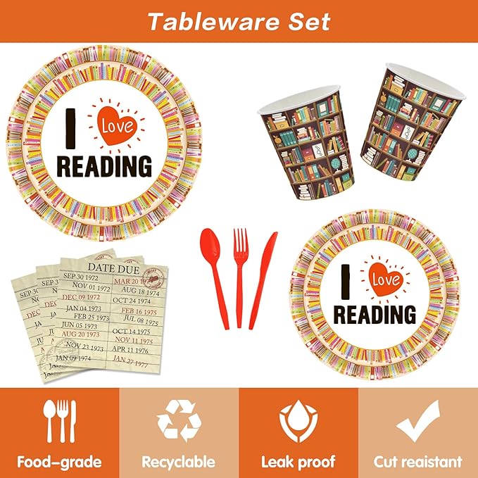 142 Pcs Vintage Book Theme Party Tableware Book Club Birthday Party Supplies Library Reading Themed Disposable Plates Napkins Cups and Forks Set