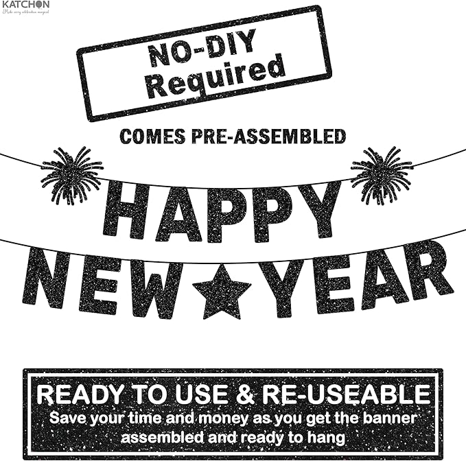 KatchOn Happy New Year Banner Black - Pre-Strung, 10 Feet | Happy New Year Sign for Happy New Years Decorations 2026 | New Years Eve Party Supplies 2026 Black | NYE Decorations 2026