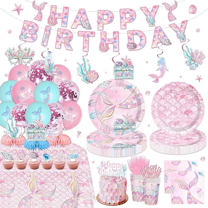 175PCS Mermaid Party Decorations, Mermaid Theme Party Supplies Plates and Napkins Set, Tableware,Banner, Hanging Swirls, Tablecloth, Balloon,Cake Cupcake Topper,Honeycomb Centerpiece Baby Shower