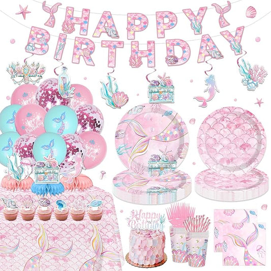 175PCS Mermaid Party Decorations, Mermaid Theme Party Supplies Plates and Napkins Set, Tableware,Banner, Hanging Swirls, Tablecloth, Balloon,Cake Cupcake Topper,Honeycomb Centerpiece Baby Shower