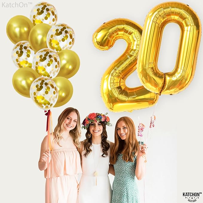 KatchOn, Gold 20 Balloon Numbers - Pack of 16 | Foil Balloon For 20th Birthday Decorations | 20th Anniversary Decorations | Gold Birthday Party Decoration