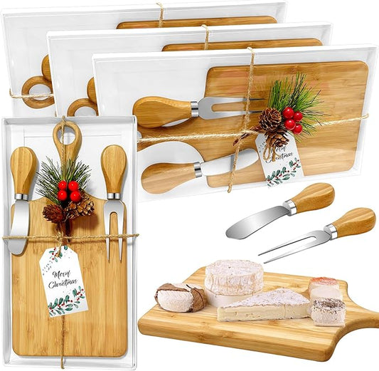3 Sets Christmas Gifts Bridal Shower Favor Bamboo Wooden Square Cheese Board Gift Set Cheese Knives Mini Cutting Board Bulk Set Tags and Boxes Christmas Party Birthday