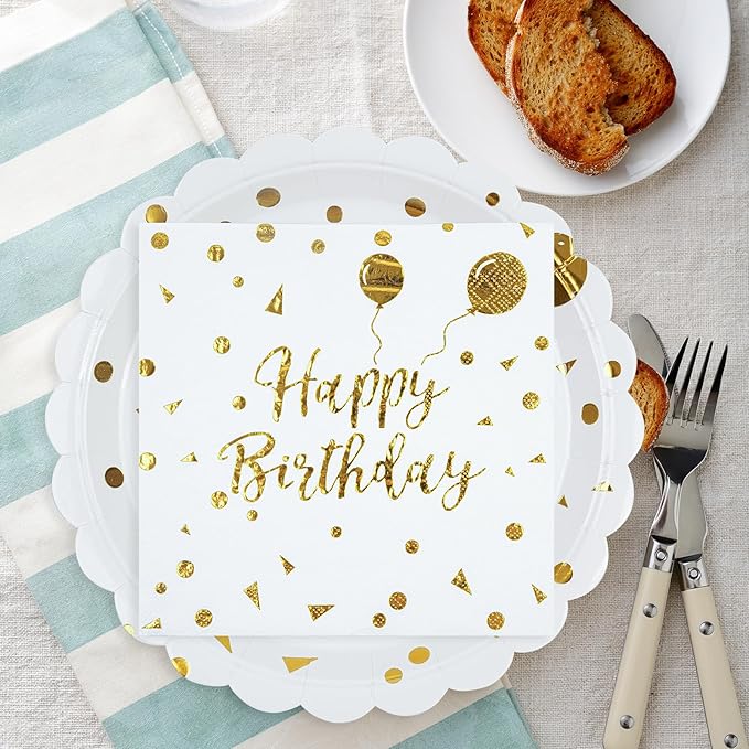 50PCS Happy Birthday Paper Plates and Napkins - 7 Inch Birthday Cake Plates Scalloped White and Gold Dessert Plates and 6.5 Inch Napkins Disposable Tableware Set, Serves 25