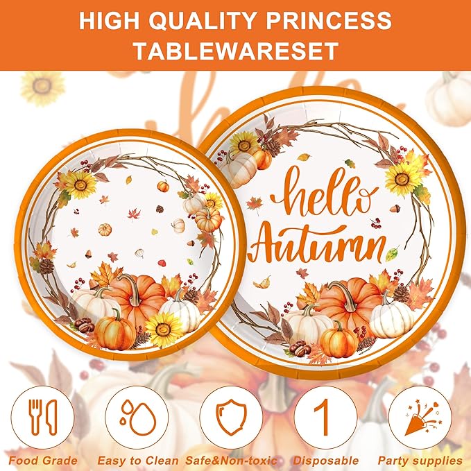 123PCS Autumn Party Supplies for Thanksgiving Themed Fall Pumpkin Decoration Tableware Set with Tablecloth and Banner Leaves Harvest Dessert Plates Napkins Cups Set for 20 Guests
