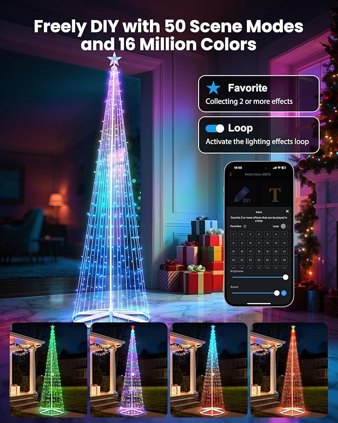 Brightown 12FT Outdoor Christmas Cone Tree Light, 443 LED Music Sync with Smart APP, Remote and Local Control, Pattern and Text Displayable, 16 Million Colors Light Show Tree for Indoor Decorations