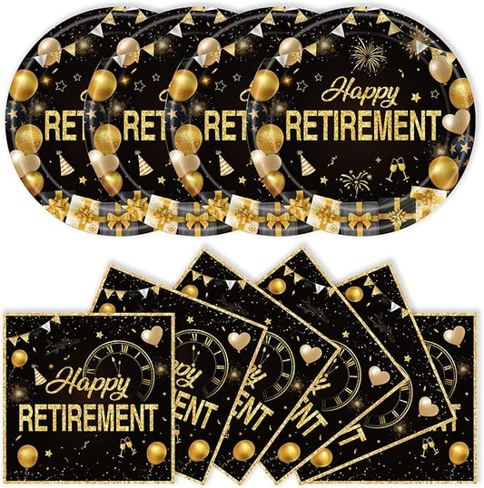 40Pcs Retirement Paper Plates and Napkins Party Supplies, Disposable Happy Retirement Decorations Party Plates Napkins Black Gold Tableware Set for Men Women