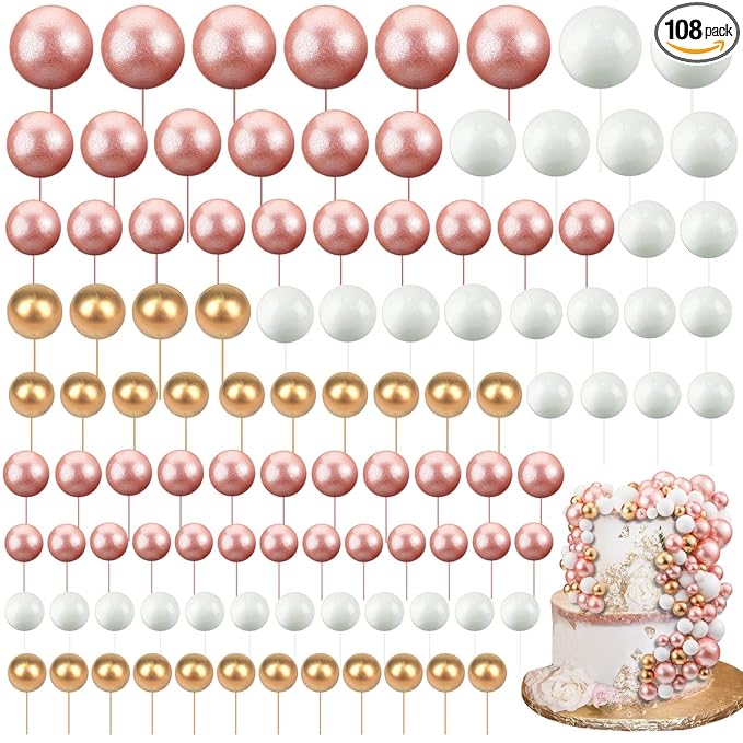 108 Pcs Balls Cake Topper DIY Cupcake Insert Foam Balloons for Cake Baking Wedding Anniversary Birthday Decoration(Rose Gold, White, Gold,Multi Sizes)