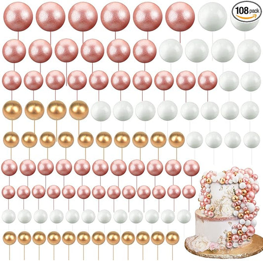 108 Pcs Balls Cake Topper DIY Cupcake Insert Foam Balloons for Cake Baking Wedding Anniversary Birthday Decoration(Rose Gold, White, Gold,Multi Sizes)