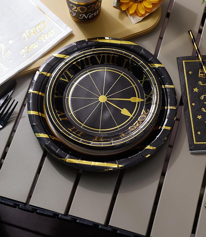 2026 New Year Plates and Napkins Party Supplies - Serves 25 - Happy New Year Eve 9 Inch and 7 Inch Plates, Napkins NY Party Decorations Favors