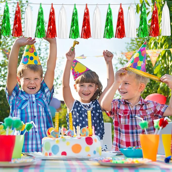 3P Red Green White Foil Fringe Metallic Tassel Streamers Banner Tassel Garland for Parade Floats, Graduation, Wedding, Birthday, Halloween, Christmas, Mexican Italian Birthday Party Decorations