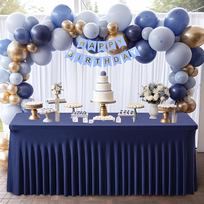 1 Pack Navy Blue Table Clothes for 8 Foot Rectangle Tables, One-Piece Wrinkle Resistant Stretch Spandex Table Covers with Table Skirt for Event Banquet Wedding Birthday Party