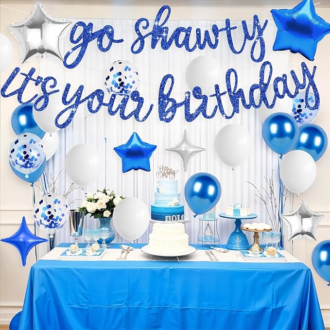 Blue Go Shawty It's Your Birthday Banner Balloons Set, Glitter Happy Birthday Banner with Blue Silver Confetti Balloon Star Foil Balloon for Boys Man Hip Hop Rap Theme Birthday Party Decorations
