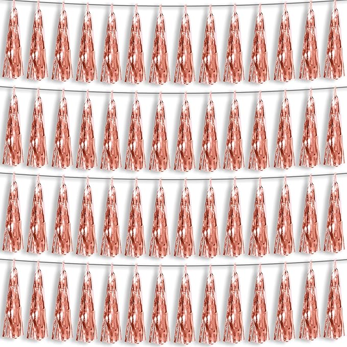 4P Rose Gold Foil Fringe Metallic Tassel Streamers Banner Tassel Garland for Parade Floats, Bachelorette, Wedding, Birthday, Halloween, Christmas, Bridal/Baby Shower Party Decorations