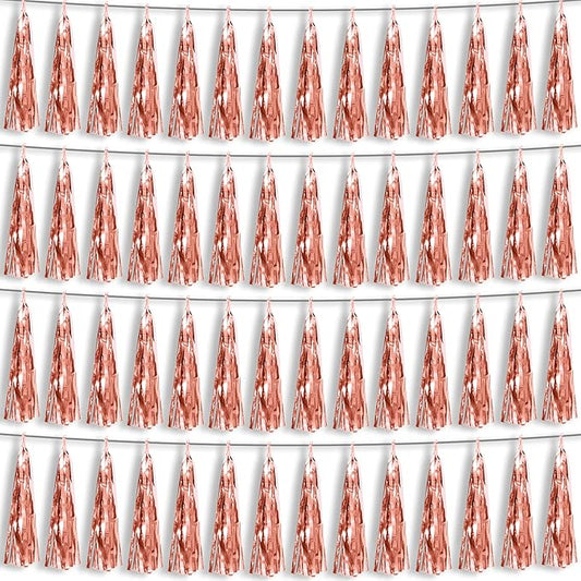 4P Rose Gold Foil Fringe Metallic Tassel Streamers Banner Tassel Garland for Parade Floats, Bachelorette, Wedding, Birthday, Halloween, Christmas, Bridal/Baby Shower Party Decorations