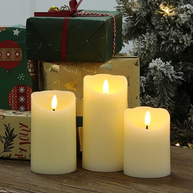 Flameless Candles with Remote, Battery Operated Real Wax LED Flickering Candles with Timer, Fake Electric Candles for Christmas Party Room Home Decor, Set of 3 (Ivory)