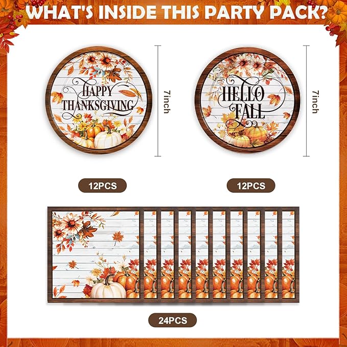 48Pcs Fall Birthday Decorations Thanksgiving Party Supplies Autumn Harvest Pumpkin Paper Plates and Napkins Set Decor Fall Birthday Party Decorations