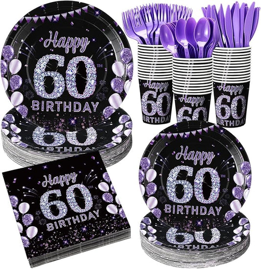 Pickmesh 400 Pcs 60th Birthday Party Supplies Purple Black Happy Birthday Decorations Include Disposable Paper Plates Napkins Cups Cutlery for Men Women Party Decorations Serve 50