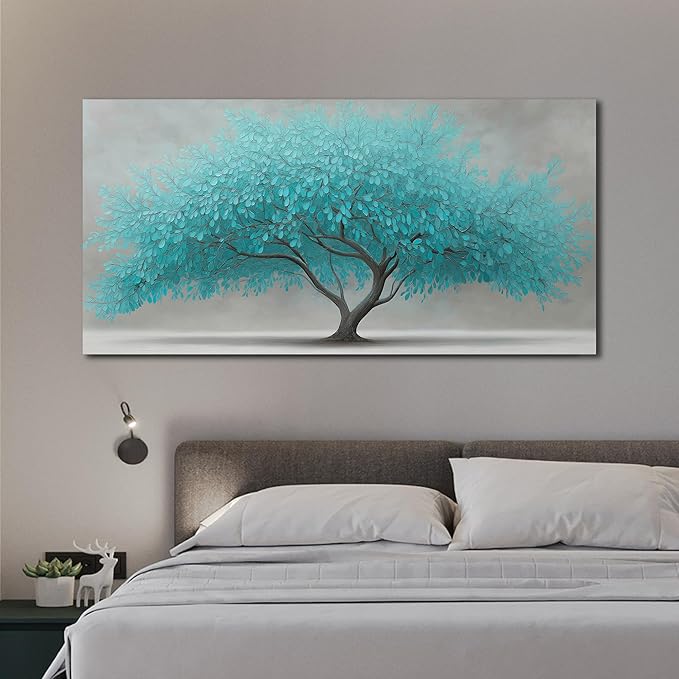 Tree of Life Wall Art for Living Room Bedroom Teal Blue Nature Print Picture Painting Large Framed Wall Decor for Bathroom Office Modern Home Botanical Landscape Wall Decorations Artwork Size 24x48 Ready to Hang