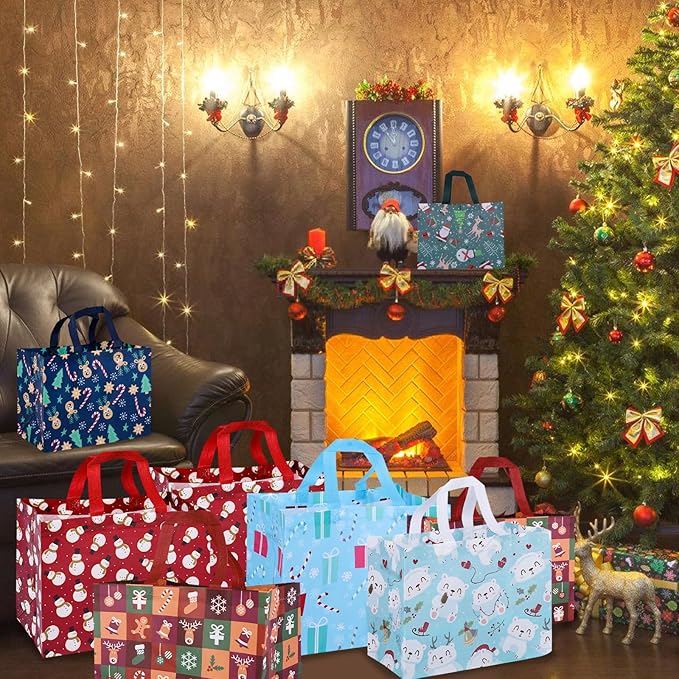 18pcs Christmas Gift Bags, Christmas Tote Bags with Handles, Reusable Shopping Bags, Santa Claus Print for Christmas Parties Gifts Wrapping Holiday Party Supplies (Multicolor Modern)