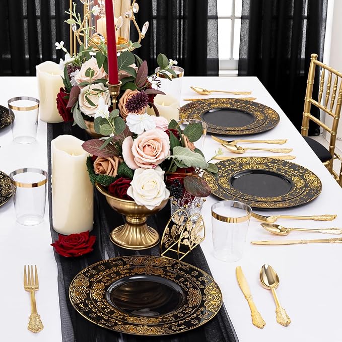GATHER 350PCS Black and Gold Plastic Plates - Gold Disposable Dinnerware Set Include 50 Dinner Plates, 50 Dessert Plates, 150 Gold Plastic Silverware, 50 Napkins, 50 Cups for Wedding & New Year