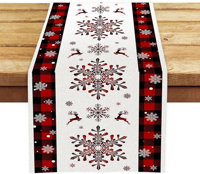 OYIMUA Buffalo Plaid Snowflakes Red Christmas Table Runner, Seasonal Winter Kitchen Dining Table Decoration for Home Party Xmas Decor 13x72 Inch