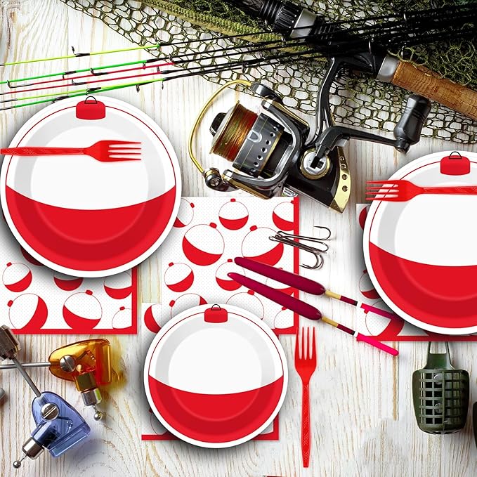 ZOIIWA 96 Pieces Gone Fishing Party Plates Napkins Fishin' Tableware Set for Fishing Themed Table Decorations Supplies Birthday Dessert Plates Forks for 24 Guests Disposable Party Favors