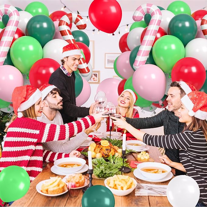 Christmas Balloons, 60pcs Pink Red Green Balloons with Candy Cane Foil Balloon, Retro Green and Pink White Xmas Party Balloon for Christmas Decorations Birthday New Year Carnival Party Supplies