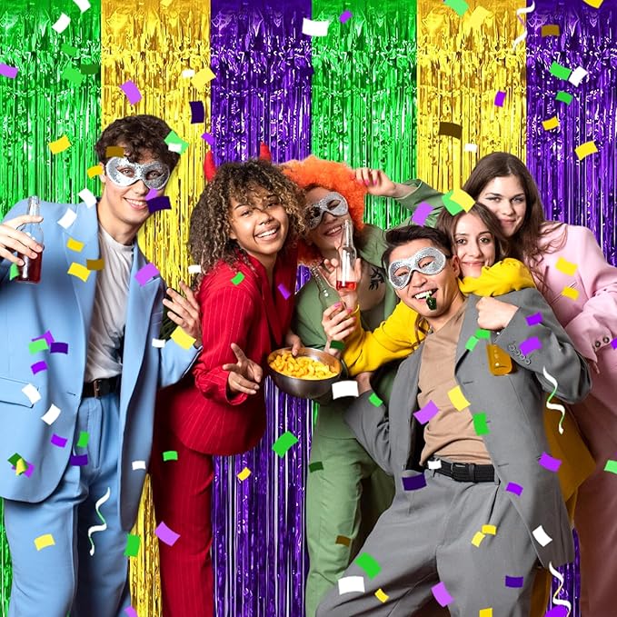 3 Pack Gold Green Purple Foil Fringe Curtain Backdrop, 3.28Ft x 8.2Ft Metallic Tinsel Foil Fringe Streamer Curtains for Photo Booth, Mother's Day, Easter, Birthday, Wedding Party Decorations