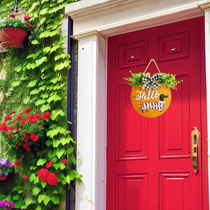 18 Pcs Interchangeable Seasonal Welcome Signs Front Door Decoration, Rustic Dachshund Seasonal Home Sign, Great Dog Gifts, Suitable for All Holidays Including Valentine's Day, Easter (Brown)