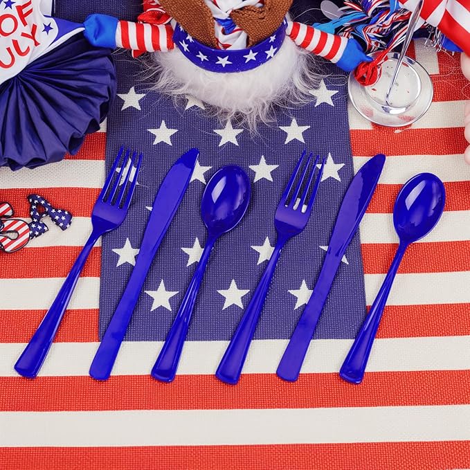 Liacere 100Pack Pre Rolled Blue Silverware and Napkin - Disposable Blue Plastic Utensils-Wrapped Plastic Cutlery Set with Napkin:100 Forks,100 Knives,100 Spoons,100 Napkins for Wedding&New Year