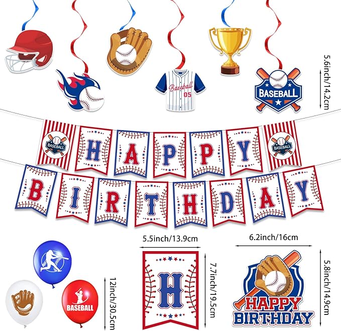 161PCS Baseball Birthday Party Decorations, Baseball Party Supplies Plates and Napkins Set, Tableware,Banner, Hanging Swirls, Tablecloth, Cake Cupcake Topper, Ballons